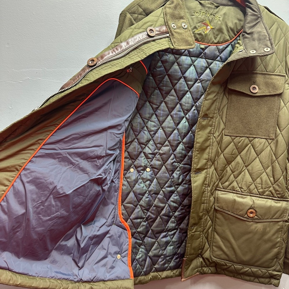 Orvis Quilted Field Jacket Olive Green Suede Trim Fishing Hunting Men L - Picture 5 of 12